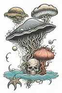 ocean scene under a storm clouds with a jelly fish a trident a sand dollar, a conch , coral   tattoo design idea