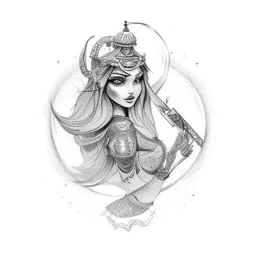 beatiful genie girl holding a magic fire knife tattoo design idea