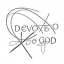 spear going through the words " devoted to God " written tattoo design idea