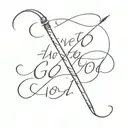 spear going through the words " devoted to God " written tattoo design idea