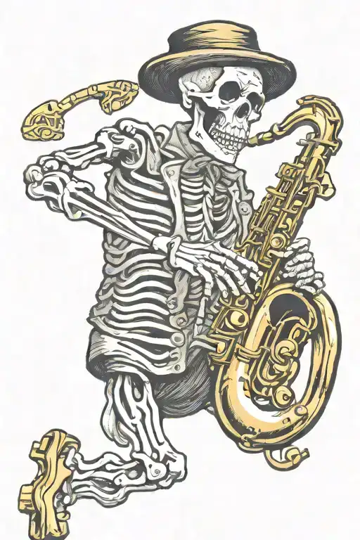 jazz skeleton playing alto saxophone tattoo design idea