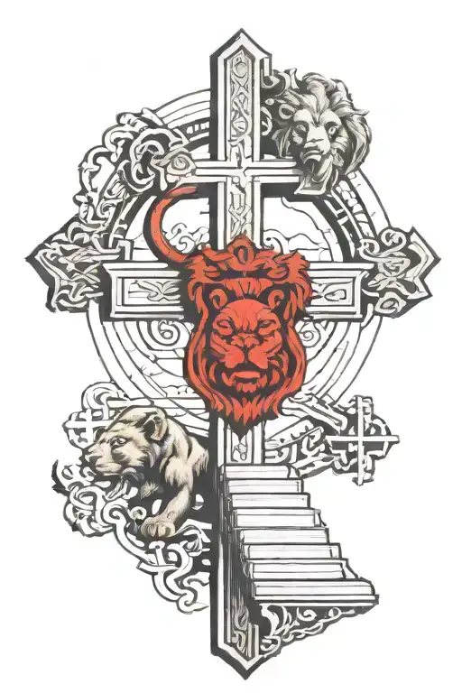Matthew 21:22 NIV c Escher staircase and a cross with a lion  tattoo design idea