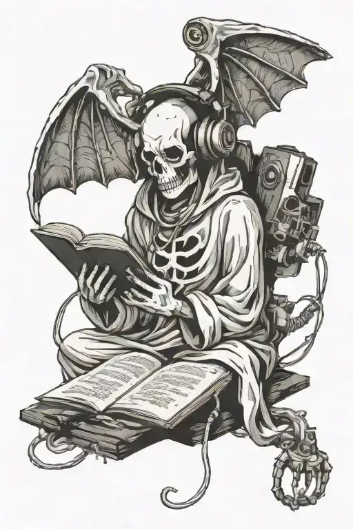 sheet ghost reading books with headphones listening tattoo design idea