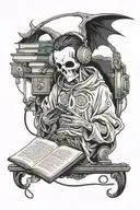 sheet ghost reading books with headphones listening tattoo design idea