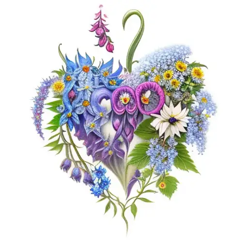 bleeding heart, passionflower, bluebells, forget-me-nots, hydrangea, sunflower, blue iris, daffodil, poppys,  tattoo design idea