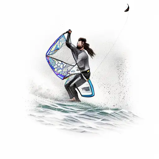 A dynamic kitesurfing scene with a lawyer holding the kite in one hand tattoo design idea