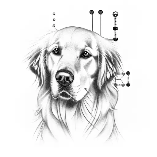 A biomedical-themed tattoo featuring a golden retriever with DNA strands tattoo design idea