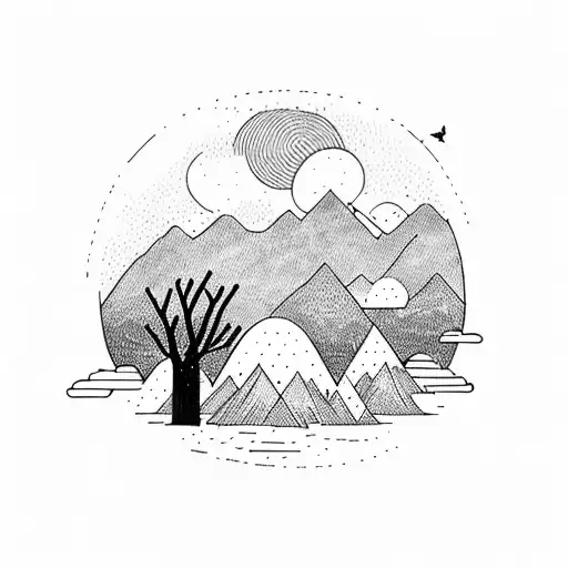 Two mountains with a sunrise between them surrounded by a forest with a bear  tattoo design idea