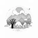 Two mountains with a sunrise between them surrounded by a forest with a bear  tattoo design idea