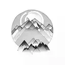 Two mountains with a sunrise between them surrounded by a forest with a bear  tattoo design idea