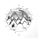 Two mountains with a sunrise between them surrounded by a forest with a bear  tattoo design idea