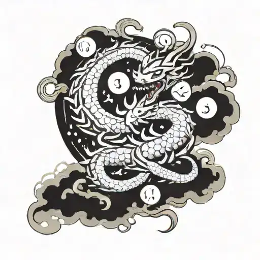 A dragon ball themed sleeve tattoo featuring Shenlong emerging from the clouds with the dragon balls scattered around tattoo design idea