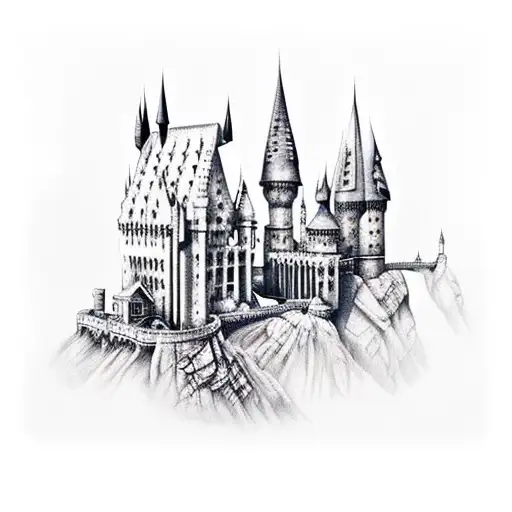 harry potter castle with symbols, little prince, Emily "corpse bride", Coraline "Coraline" tattoo design idea