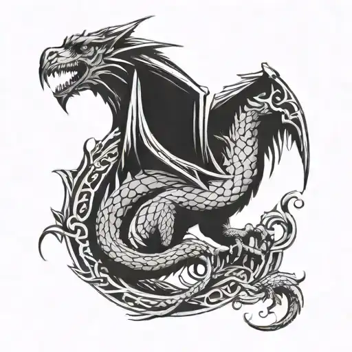 Game of thrones style dragon with symmetry, both wings open to cover pecks and head in between  tattoo design idea