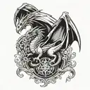 Game of thrones style dragon with symmetry, both wings open to cover pecks and head in between  tattoo design idea