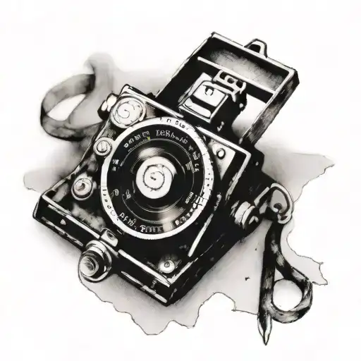 compass hanging off a polaroid camera tattoo design idea