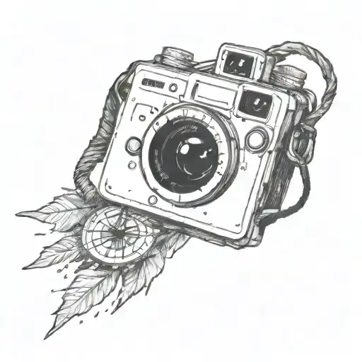 compass hanging off a polaroid camera tattoo design idea