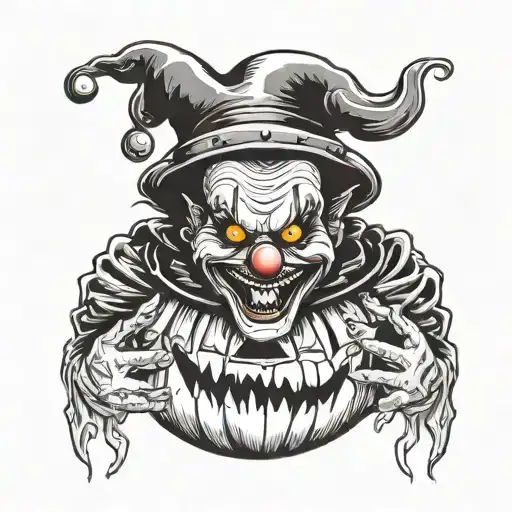 A scary clown emerging from a jack-o-lantern, with a sinister smile and glowing eyes tattoo design idea
