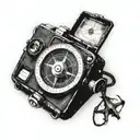 compass hanging off a polaroid camera tattoo design idea