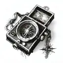 compass hanging off a polaroid camera tattoo design idea