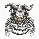 A scary clown emerging from a jack-o-lantern, with a sinister smile and glowing eyes tattoo design idea