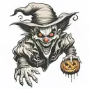 A scary clown emerging from a jack-o-lantern, with a sinister smile and glowing eyes tattoo design idea