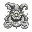 A scary clown emerging from a jack-o-lantern, with a sinister smile and glowing eyes tattoo design idea