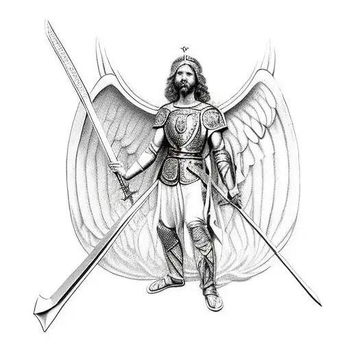 Archangel Michael kneeling with sword in hand before him. In the other hand, he holds a defensive shield with the Slovak tattoo design idea
