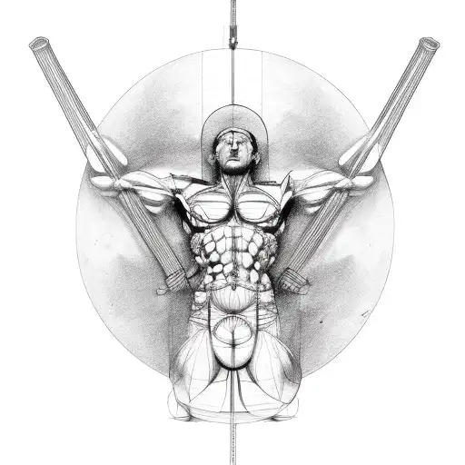 mix of les paul guitar and vetruvian man to cover biceps triceps deltoid  tattoo design idea