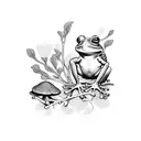 Frogs, mushrooms, branches, forest vibe  tattoo design idea