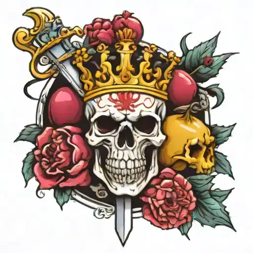 skull, pomegranate, cerberus, sword, life and death, crown, throne tattoo design idea