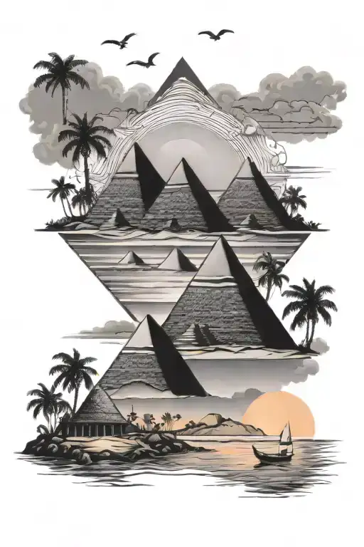 pyramids on the west coast beach sunset tattoo design idea