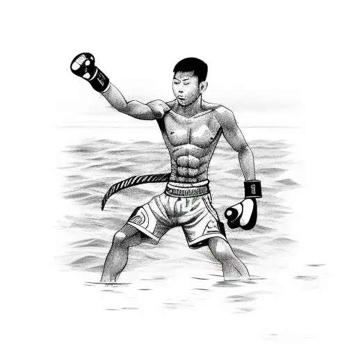 A sketch of a Muay Thai fighter practicing on a seaside pier tattoo design idea