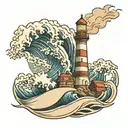lighthouse and wave tattoo design idea