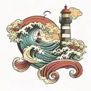 lighthouse and wave tattoo design idea