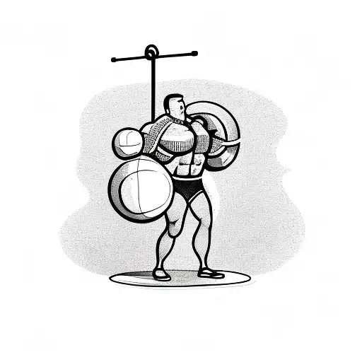 A new-school design of a strongman lifting a globe, symbolizing the client's love for weightlifting and his desire to conquer the world for his family. tattoo design idea