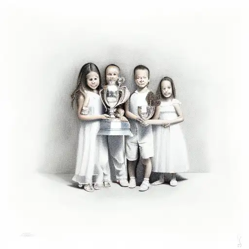 A realistic portrait of the client's children, each holding a trophy to represent their achievements and the pride they bring to the family. tattoo design idea