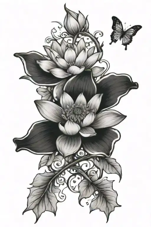 bible verse with a cross and a lotus flower blooming, with some sort if nature around like butterflies or something tattoo design idea