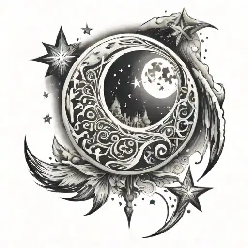 A cosmic scene with a moon and stars, symbolizing the protective presence of God over your family and Keirra tattoo design idea