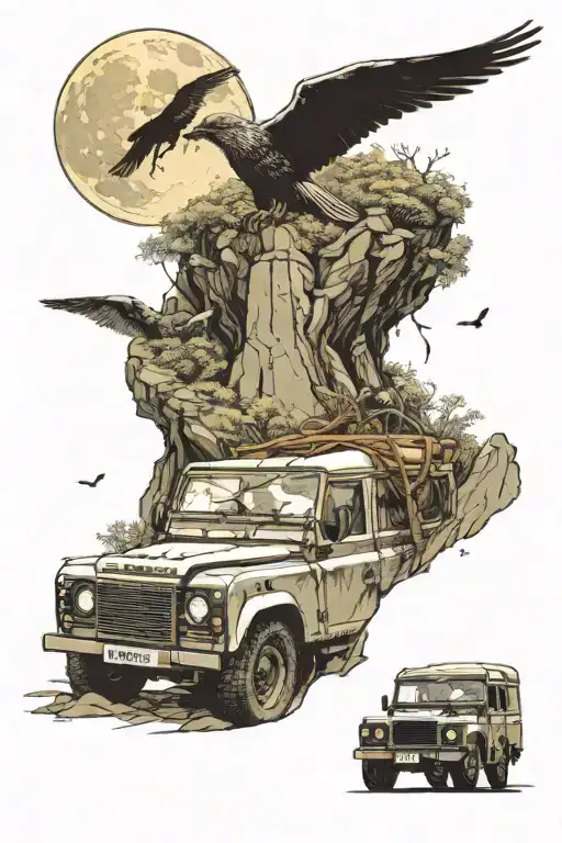 european monument land rover defender suv nature and river moon birds flying a person looking towards moon  tattoo design idea