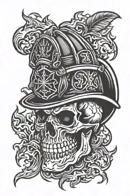 Firefighter skull  engulfed in flames left arm sleeve tattoo design idea