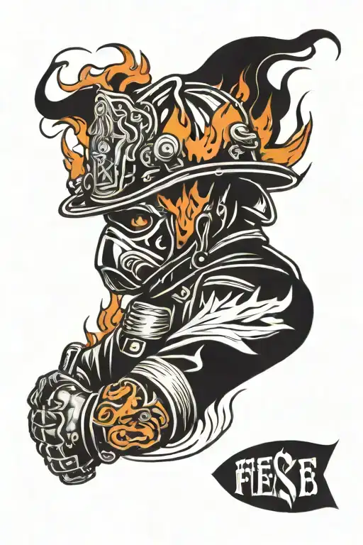Firefighter helmet engulfed in flames left arm sleeve tattoo design idea