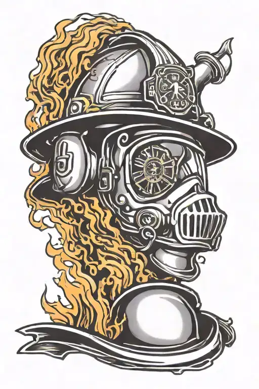 Firefighter helmet engulfed in flames left arm sleeve tattoo design idea