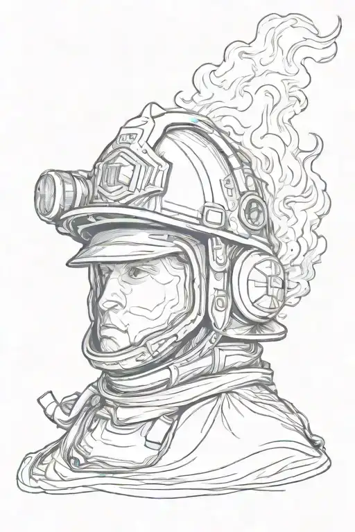 Firefighter helmet engulfed in flames left arm sleeve tattoo design idea
