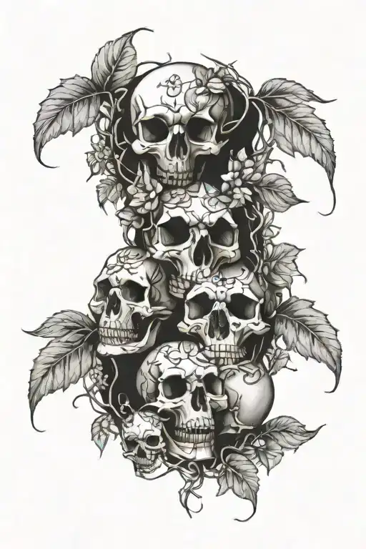 3 human skulls and 2 dog skulls entangled in ivy vines tattoo design idea