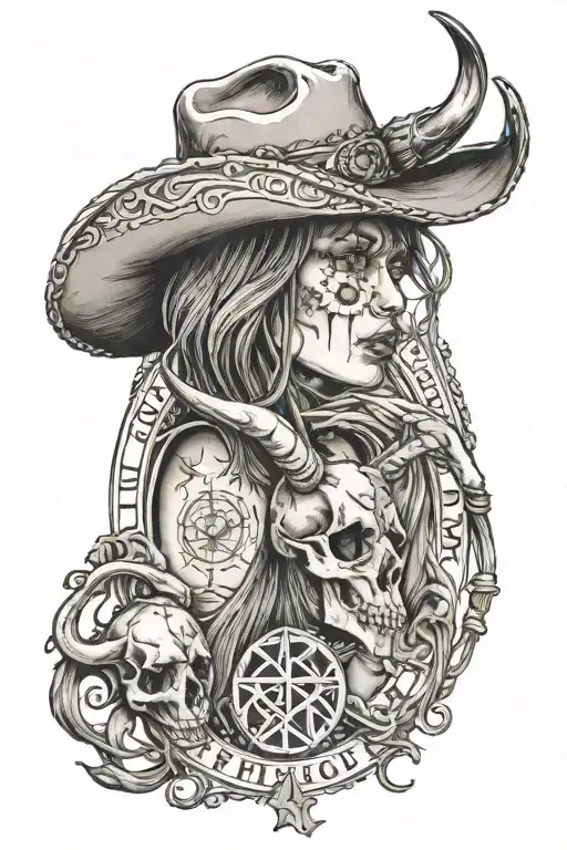 cowgirl, tarot, western, bull skull, rune, "to thine own self be true" tattoo design idea