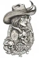 cowgirl, tarot, western, bull skull, rune, "to thine own self be true" tattoo design idea