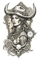 cowgirl, tarot, western, bull skull, rune, "to thine own self be true" tattoo design idea