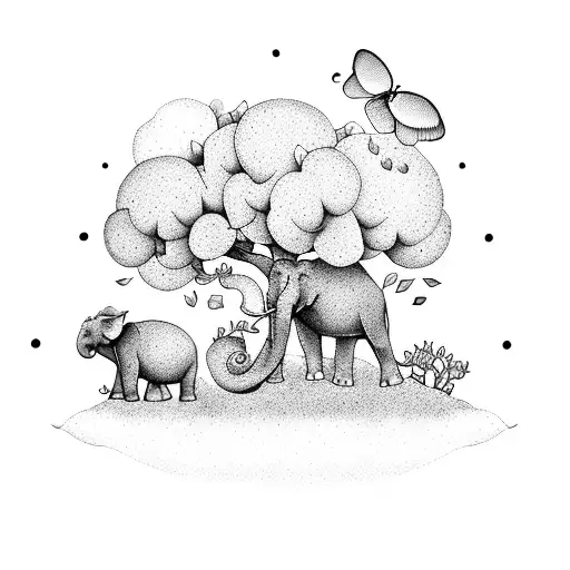 cherry tree and elephant and butterflies and clouds and other trees tattoo design idea