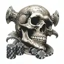 skull laying down on his back with a black heart and foggy mind with casino chips around him  tattoo design idea